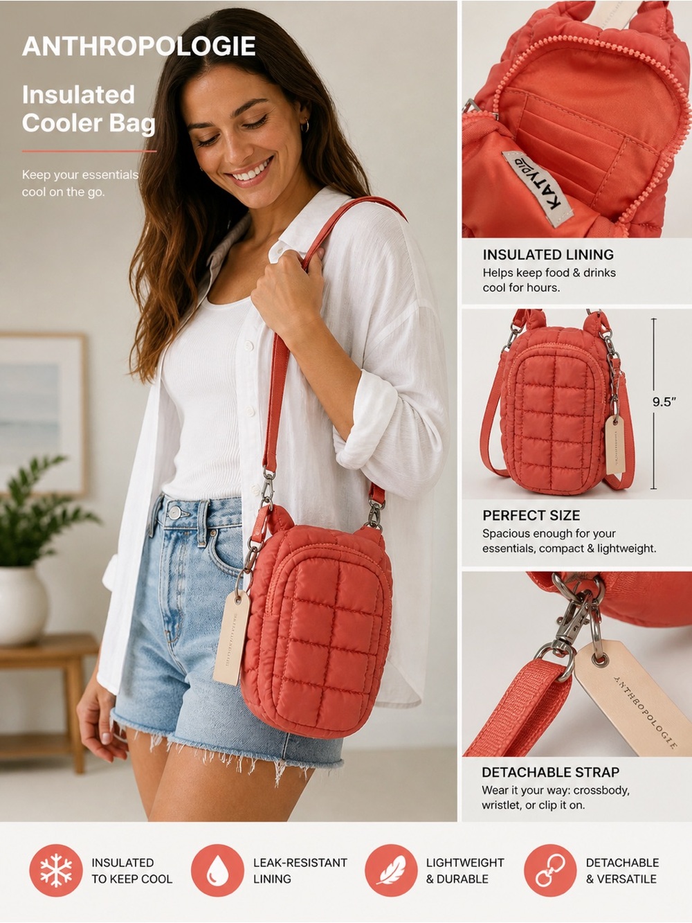 Anthropologie Quilted Insulated Crossbody Bag - Coral